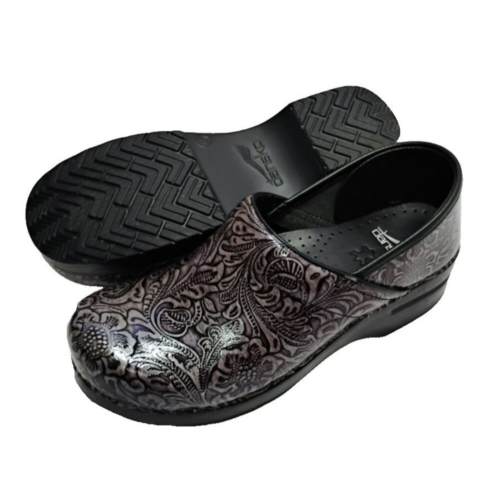 Dansko Clogs Black Silver Embossed Leather Shoes Size 40 (9.5-10 US) Md in Italy
